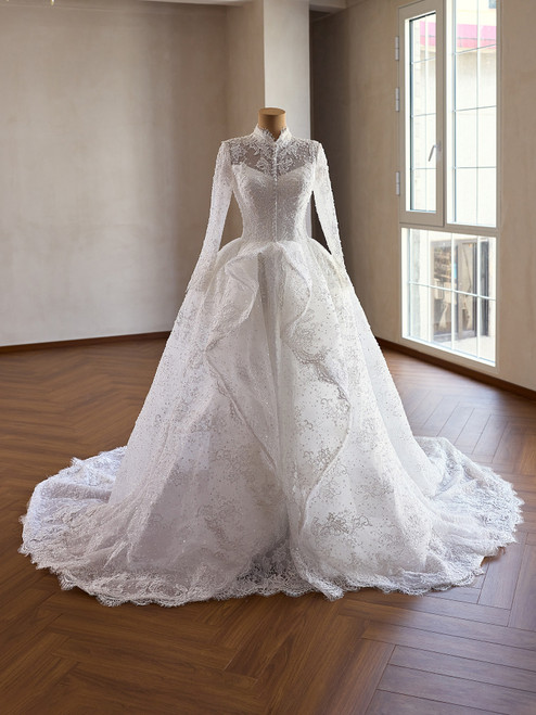 White Lace Long Sleeve High Neck Wedding Dress
