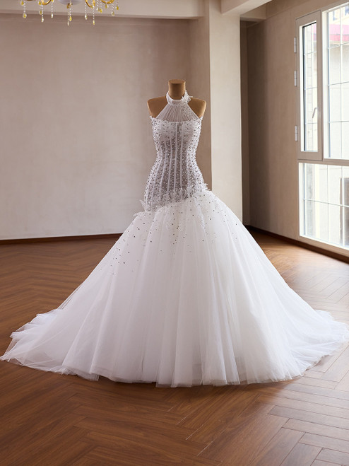 White Mermaid Tulle Halter Beading Wedding Dress