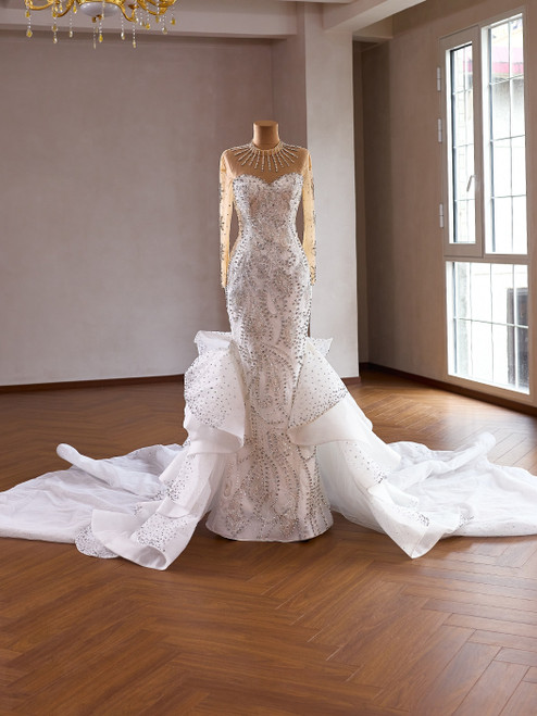 White Mermaid Sequins Long Sleeve Wedding Dress