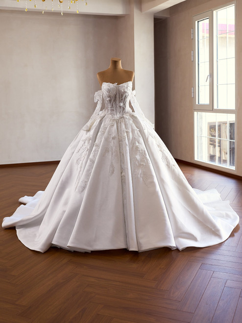 White Satin Long Sleeve Beading Wedding Dress