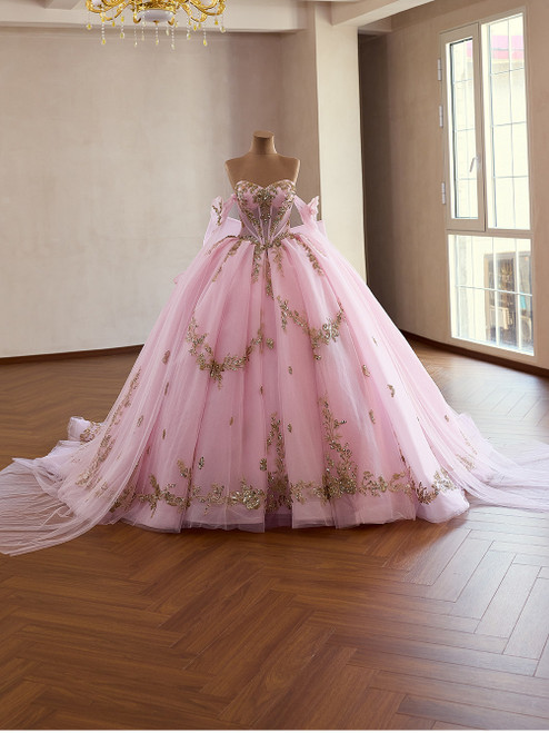Pink Tulle Strapless Sequins Prom Dress