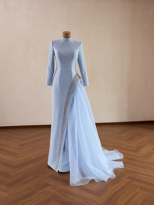 Light Blue Long Sleeve High Neck Beading Prom Dress