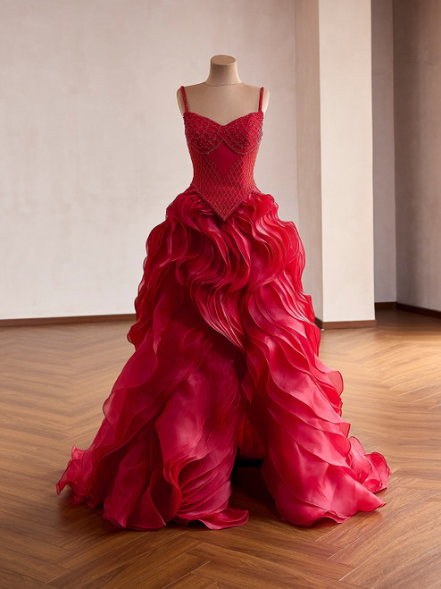 Red Organza Straps Beading Prom Dress