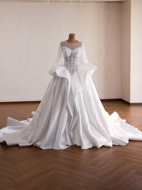 White Satin Long Sleeve Beading Wedding Dress