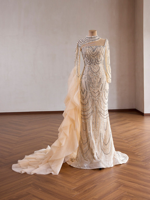 Champagne Mermaid Sequins High Neck Long Sleeve Prom Dress