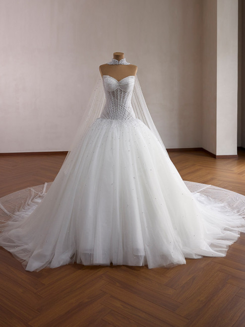 White Mermaid Tulle Strapless Pearls Wedding Dress