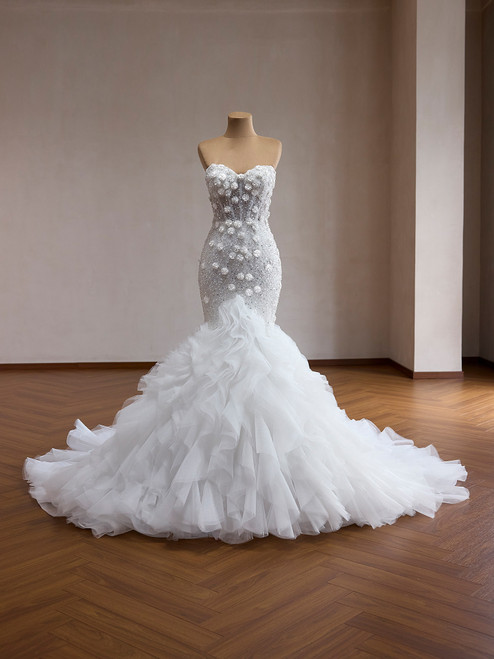 White Mermaid Tulle Sequins Flower Wedding Dress