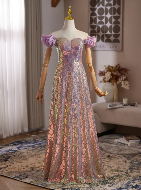 Pink Sequins Off the Shoulder Prom Dress