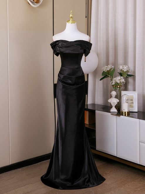 Black Mermaid Satin Off the Shoulder Pleats Prom Dress