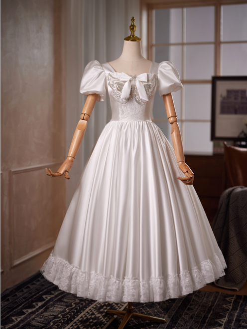 White Satin Puff Sleeve Sequins Wedding Dress