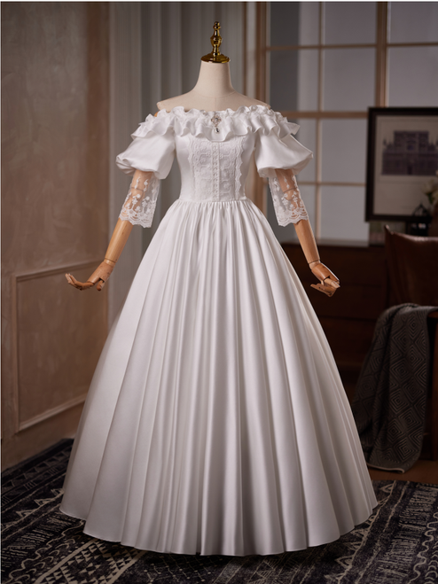 White Satin Short Sleeve Wedding Dress