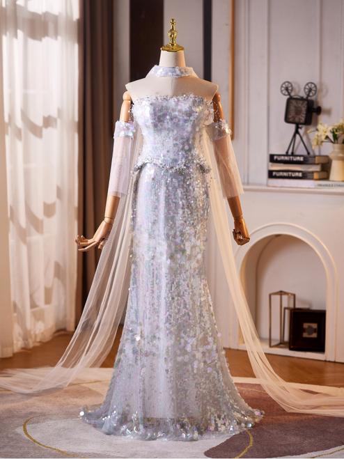 White Mermaid Sequins Strapless Pearls Prom Dress