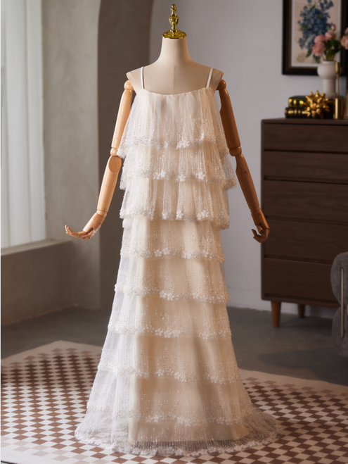 Apricot Tulle Spaghetti Straps Sequins Wedding Dress