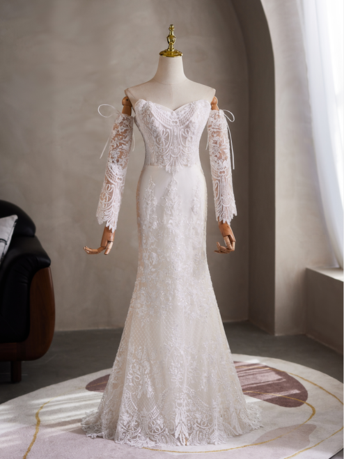 White Mermaid Lace Long Sleeve Beading Wedding Dress
