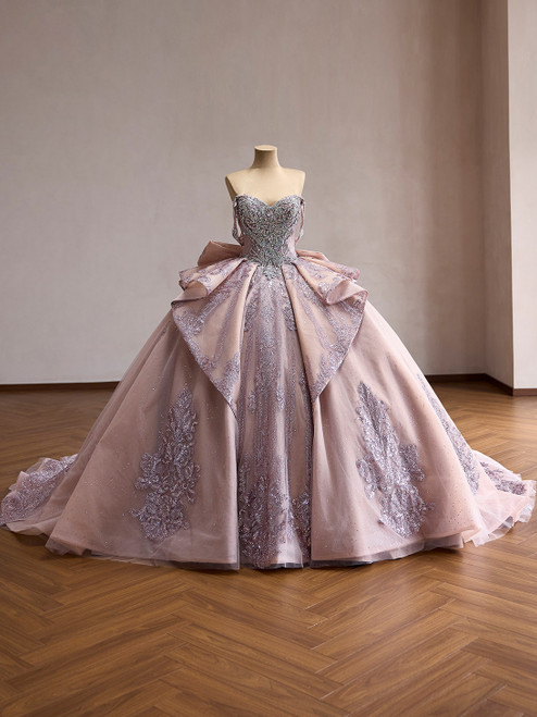 Pink Ball Gown Tulle Sequins Crystal Prom Dress