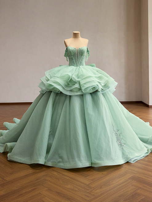 Green Tulle Strapless Appliques Beading Prom Dress