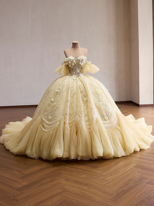 Yellow Tulle Strapless Appliques Prom Dress