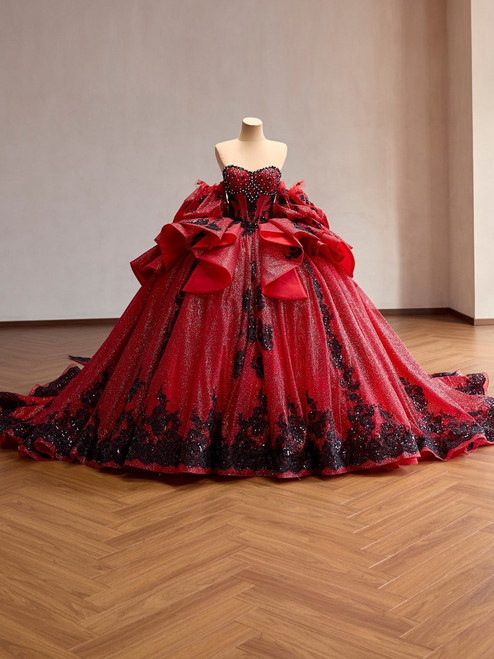 Burgundy Tulle Strapless Appliques Beading Prom Dress