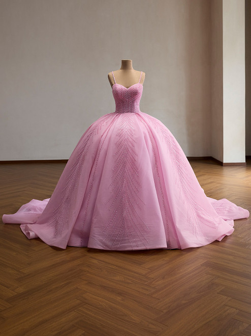 Pink Tulle Spaghetti Straps Beading Prom Dress