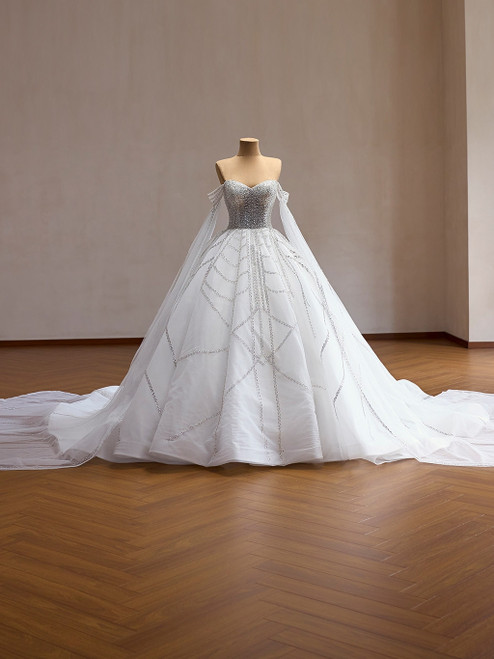White Tulle Sequins Strapless Wedding Dress