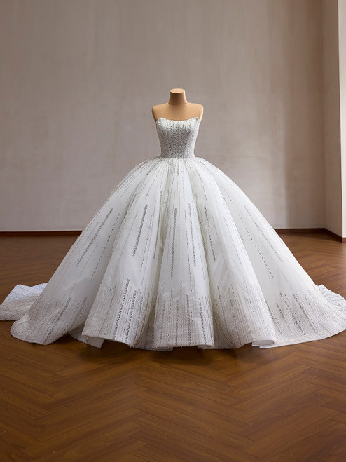 White Tulle Sequins Beading Wedding Dress