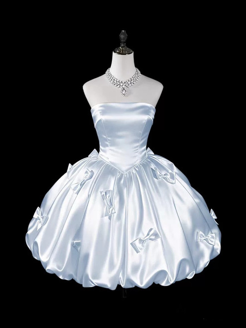 Blue Satin Strapless Bow Homecoming Dress