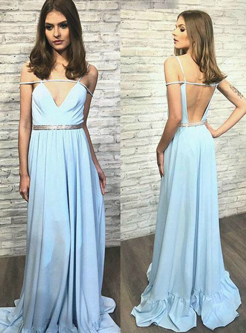 Blue V Neck Backless Long Prom Dress blue Evening Dress