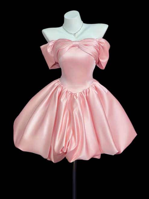 Pink Satin Off the Shoulder Homecoming Dress