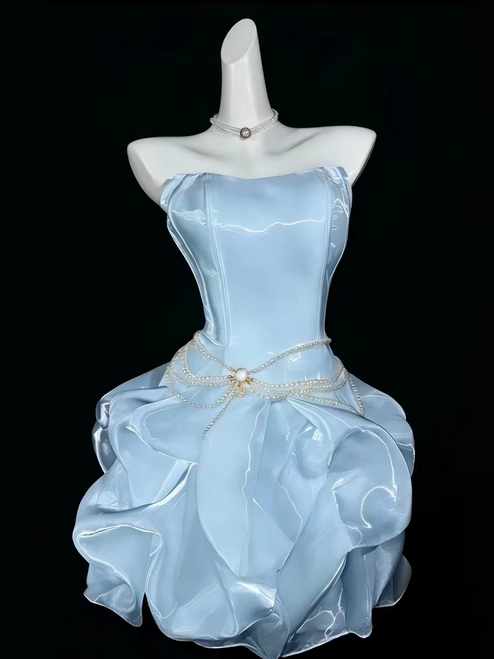 Blue Tulle Strapless Plears Homecoming Dress