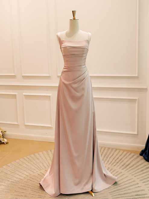 Pink Satin Straps Pleats Prom Dress