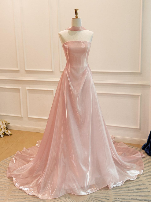 Pink Strapless Pleats Prom Dress