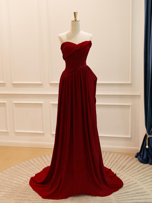 Dark red A line prom dress with pleated strapless bodice