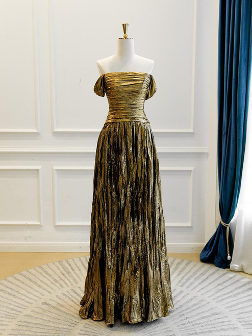 off-shoulder draped neckline, ruched bodice, and a metallic crinkle-textured A-line skirt.