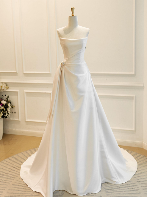 Beige White Satin Strapless Pleats Wedding Dress