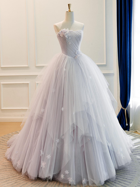 Purple Tulle Strapless Pleats Flower Prom Dress