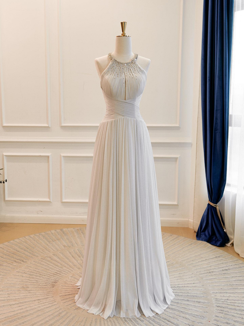Silver Tulle Halter Beading Prom Dress