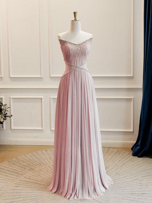 Pink Strapless Pleats Beading Prom Dress