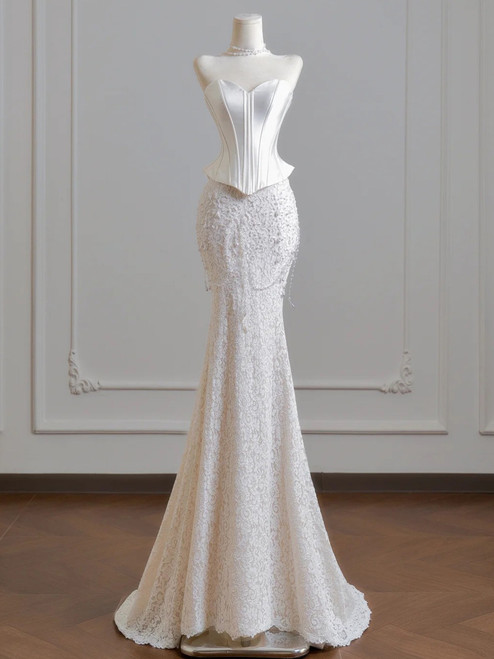 Beige White Mermaid Strapless Pearls Wedding Dress
