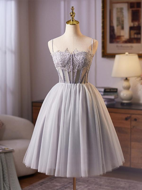 Gray Tulle Spaghetti Straps Appliques Homecoming Dress