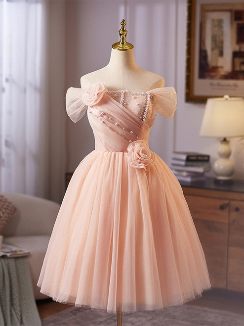 Light Pink Tulle Off the Shoulder Flower Homecoming Dress