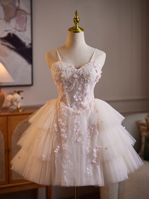 Champagne Pink Tulle Straps Beading Homecoming Dress
