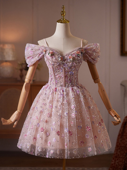 Pink Sequins Spaghetti Straps Homecoming Dress
