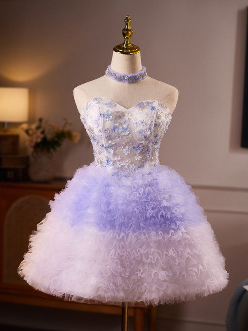 Purple Tulle Strapless Flower Homecoming Dress