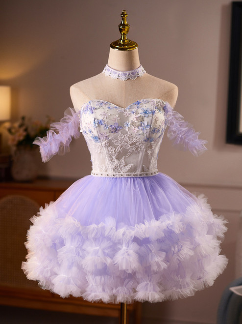 Purple Tulle Off the Shoulder Flower Homecoming Dress