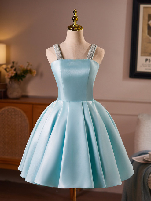 Blue Satin Straps Beading Homecoming Dress