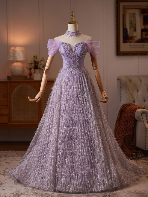 Purple Off the Shoulder Beading Prom Dress