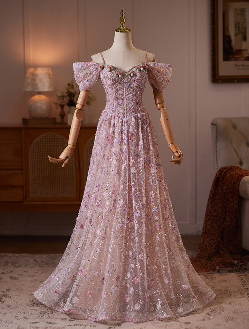 Pink Sequins Straps Beading Prom Dress