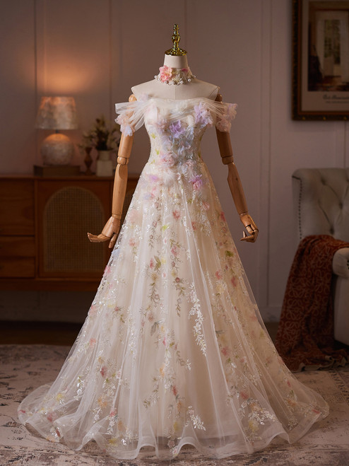 Champagne Tulle Lace Off the Shoulder Prom Dress
