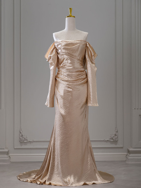 Champagne Gold Long Sleeve Pleats Prom Dress