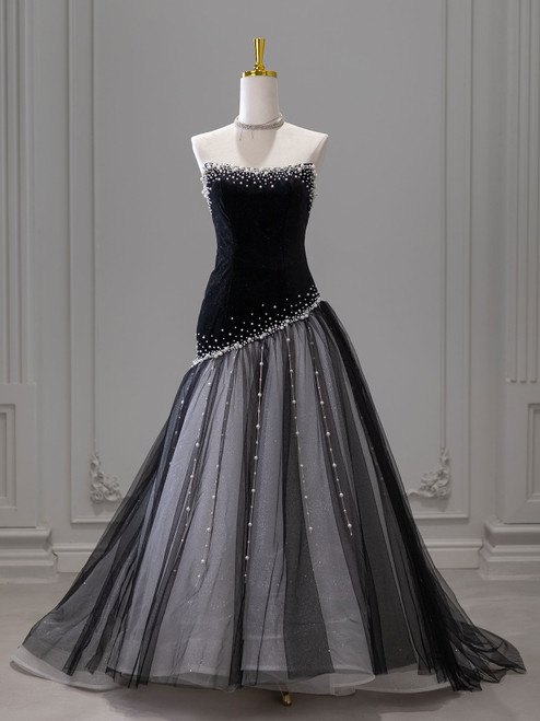 Black Mermaid Tulle Velvet Pearls Prom Dress